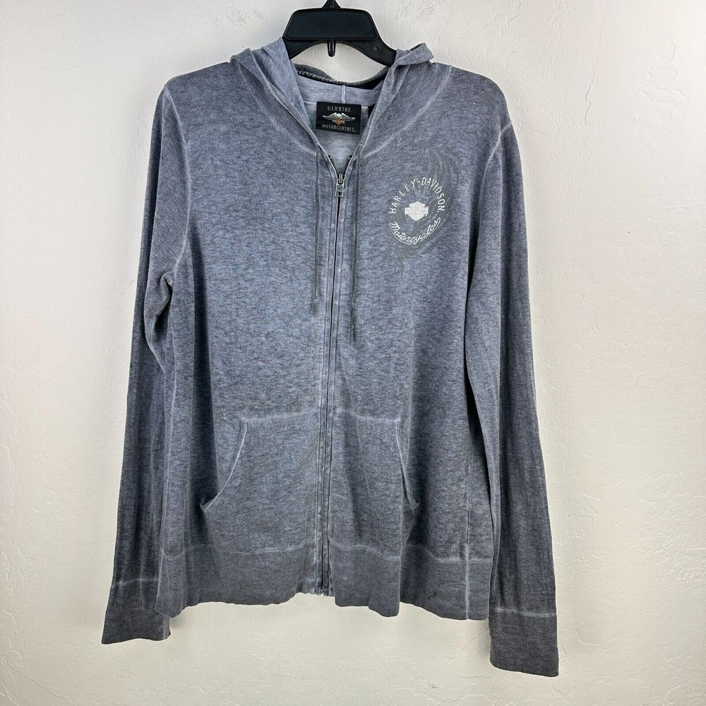 Harley Davidson Jacket Mens Large Blue Motorcycle‎ Full Zip Drawstring Hoodie
